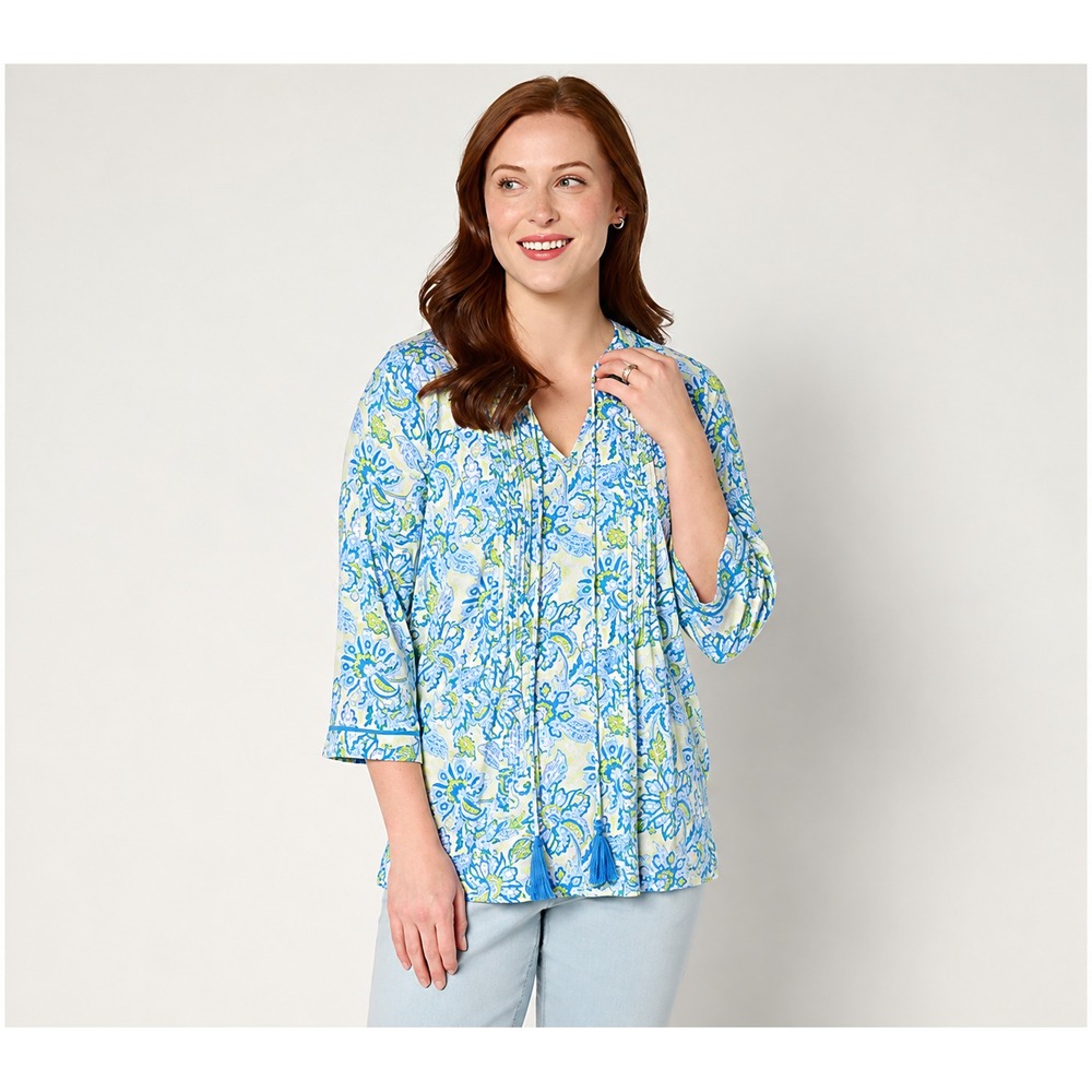 Belle by Kim Gravel Rayon Spandex Pintuck Tassel Top Peacock, X-Large